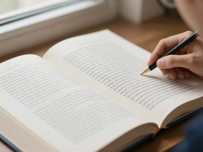 Close-up of an open law book showing a legal judgment, with a student's hand highlighting text, soft diffused light.