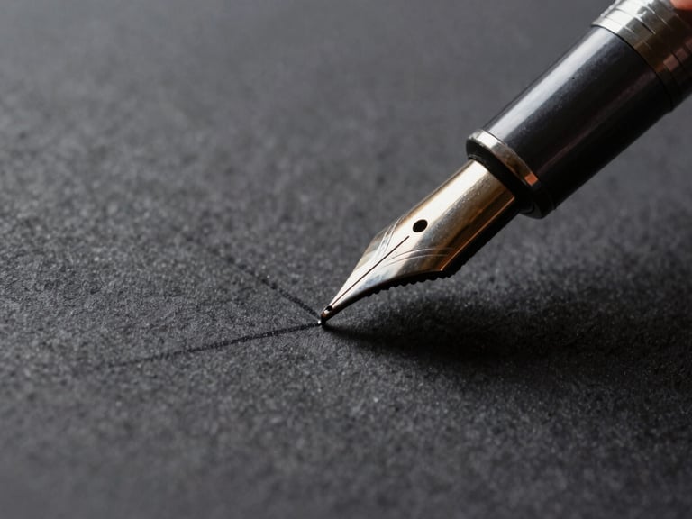 Macro close-up of heavy charcoal paper stock, a fountain pen tip leaving a crisp ink line, sharp shadows, low-key lighting.