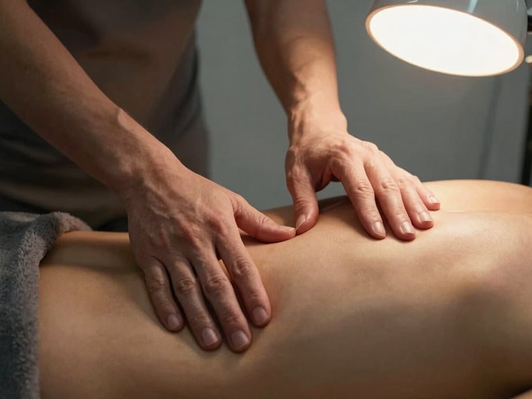 Tight close-up of osteopath hands performing fascial mobilization on a patient's lumbar region, warm tungsten clinic light from above-right, muted earth tones, clinical precision visible in finger placement