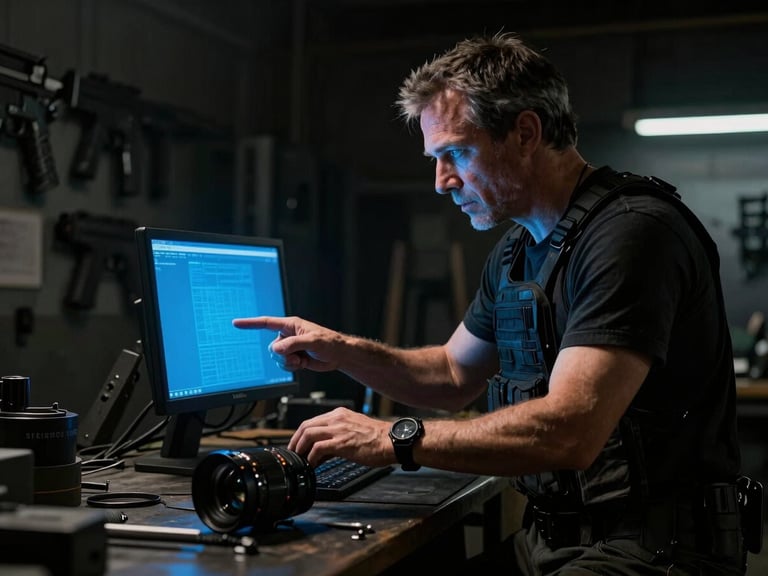 Cinematic tactical photography, low-key dramatic lighting, a veteran mentor in a dark gunmetal workshop guiding a younger transitioner, electric blue screen glow, 35mm lens