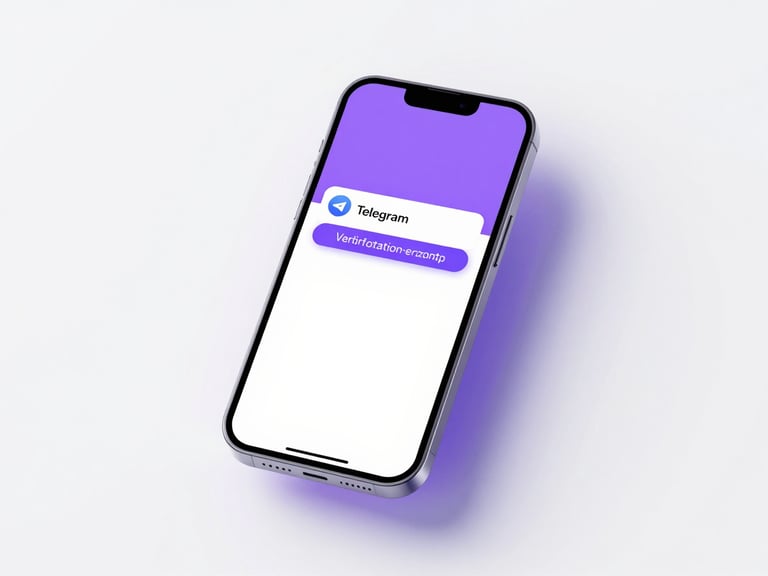 Clean 3D render, minimalist smartphone mockup showing a Telegram chat with a verification code, soft purple ambient glow, bright studio light, high-contrast white background