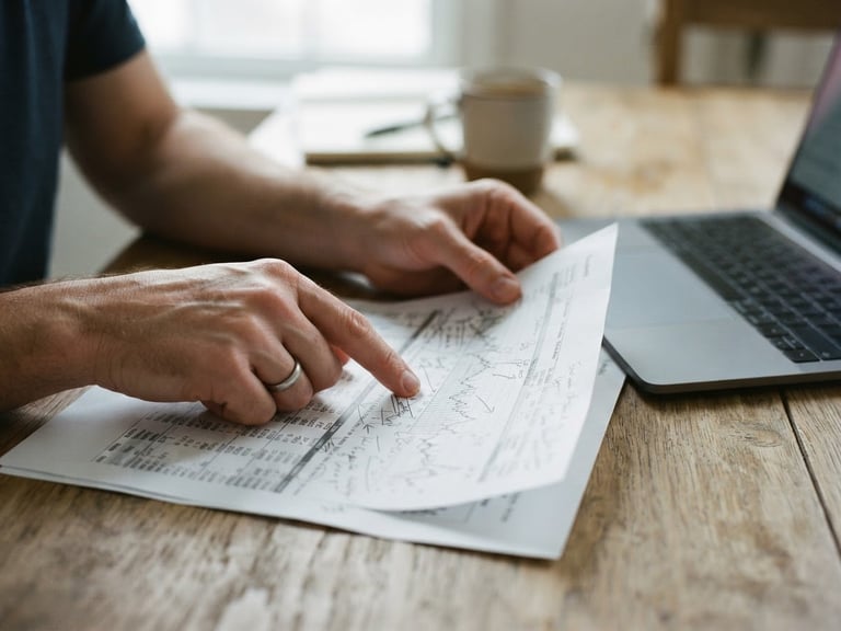 A close-up of hands reviewing a printed financial document on a clean wooden table next to a laptop, soft overcast daylight, 35mm lens.