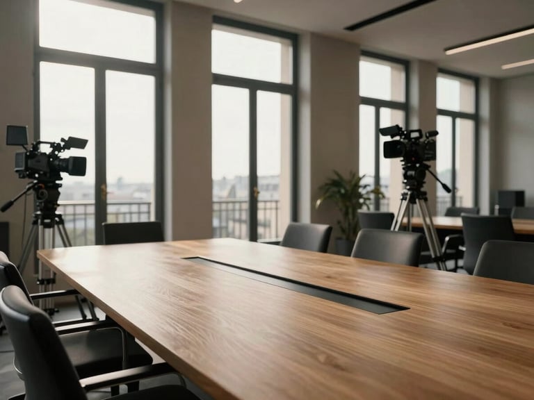 Wide cinematic shot of a high-end corporate boardroom setup in Paris, elegant minimalist oak table, soft morning light filtering through tall windows, professional camera equipment on a subtle tripod in the background, editorial style.
