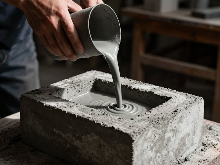 Hands pouring liquid grey concrete into a precise architectural mold, workshop environment, dramatic chiaroscuro side-lighting, raw textures