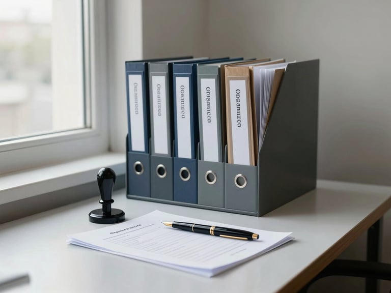Organized notary office workspace photographed straight-on, filing trays with labeled folders, an official notary seal press and fountain pen resting on a document, bright even daylight from a wide window to the left, clean desk surface, no people