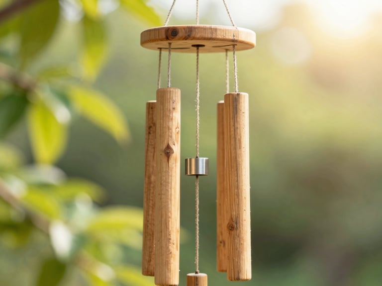Close-up of weathered sustainable hardwood sail and brushed metal fittings of a wind chime, warm sunlight filtering through soft green foliage, shallow depth of field.