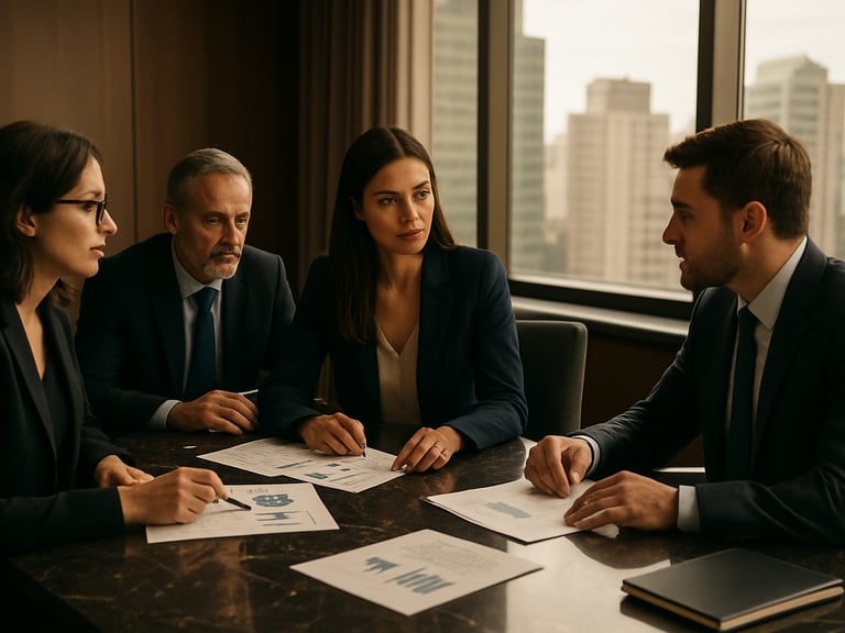 Sophisticated modern corporate boardroom in São Paulo, natural window light, executives in an analytical collaborative discussion around a dark marble table, shallow depth of field, warm corporate editorial style, 35mm
