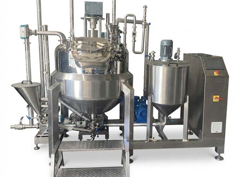 Stainless steel industrial vacuum emulsifying mixer machine for pharmaceutical and cosmetic processing.