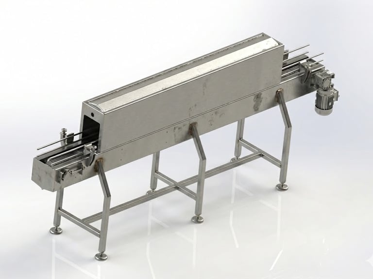 Industrial stainless steel conveyor machine with tunnel housing for food processing assembly lines.