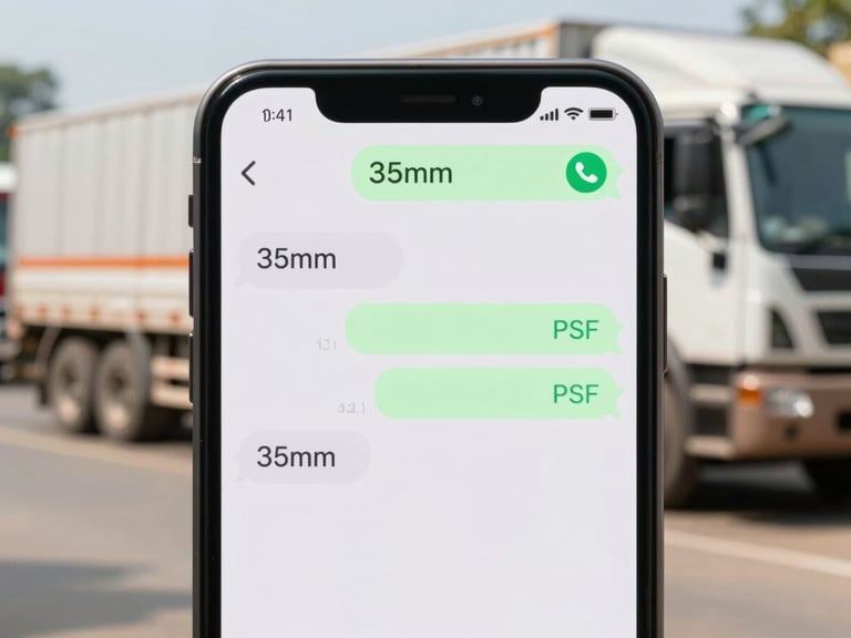 Close-up of a smartphone screen displaying a WhatsApp chat with a sent PDF lorry receipt, bright daylight, realistic texture, 35mm