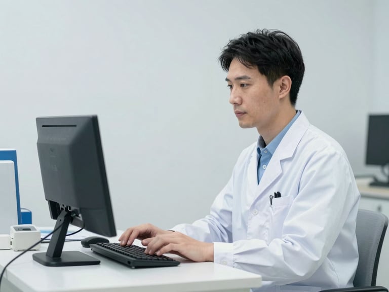 A professional medical administrator in a clean clinical environment quietly working on a computer, bright neutral lighting.