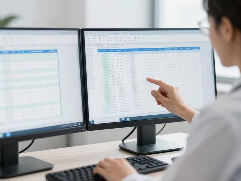 A close-up of a healthcare administrator analyzing medical billing codes on dual monitors in a bright, clean, modern office environment.