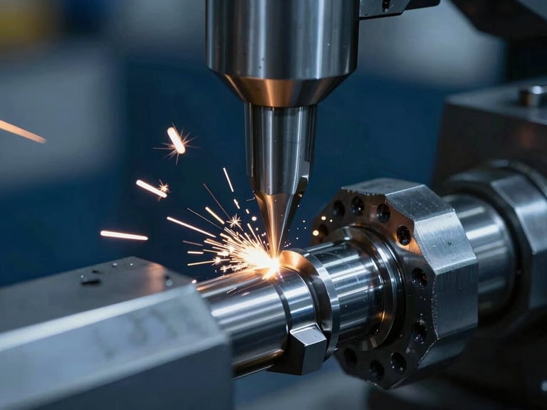 Macro detail of a steel lathe tool cutting a precision metal component, glowing sparks, dark background, sharp contrast, industrial photography.