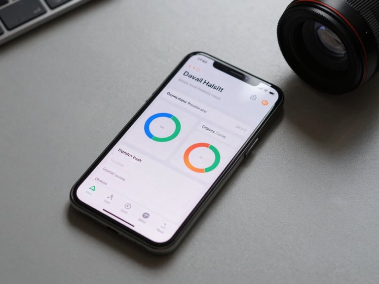 Overhead flat-lay of an Android phone on a clean desk surface, a daily habit-tracking app UI open, tight crop showing the interface grid and progress rings, cool studio light from above