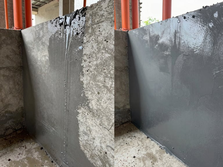 Before and after split screen showing a wet leaking concrete basement wall with active water dripping, and the same wall dry and sealed with grey coating