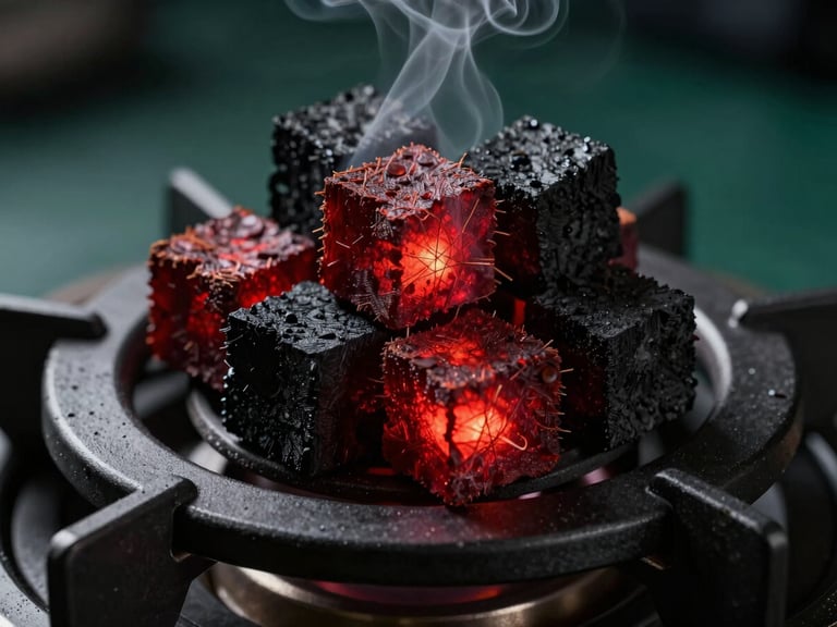 Extreme macro close-up of glowing red coconut charcoal cubes resting on a matte black metallic burner, dramatic side-lighting with cool dark-green ambient undertones, rising clean smoke plumes, high contrast.