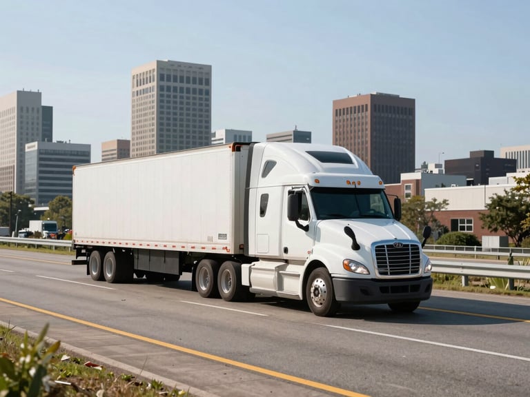 Semi-truck on a major highway approaching the Baltimore skyline, crisp industrial photography, bright daylight, high-contrast realistic tones, professional freight fleet