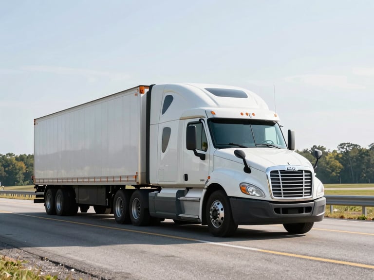 Semi-truck on a highway passing through rural North Carolina, crisp industrial photography, bright daylight, high-contrast realistic tones, professional freight fleet