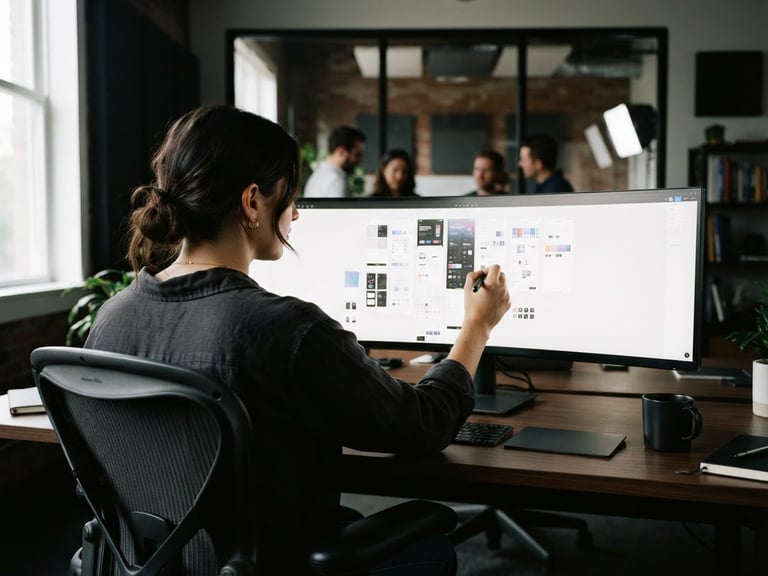Over-the-shoulder shot of a designer refining a high-fidelity digital mockup on a large screen, sharp studio lighting, deep shadows, professional creative agency, 35mm