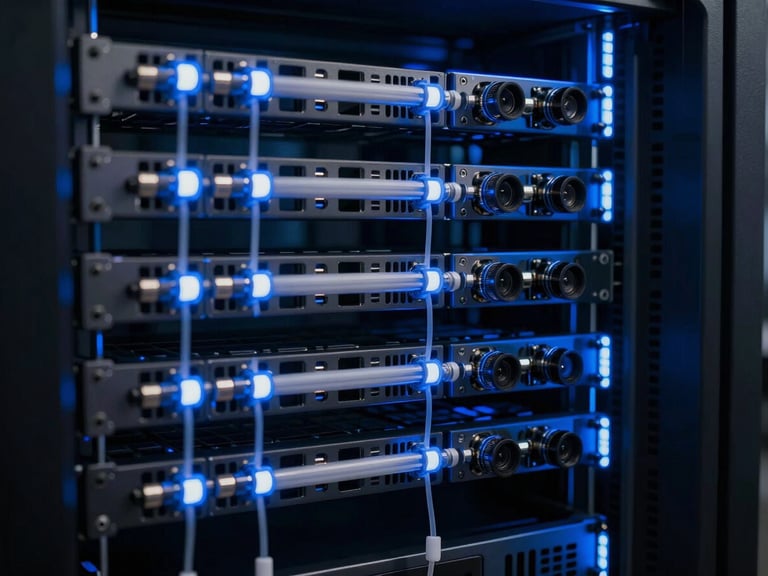 Abstract representation of data pipelines flowing through a server array, sharp blue and white accent lights, high-contrast moody professional atmosphere, 35mm lens