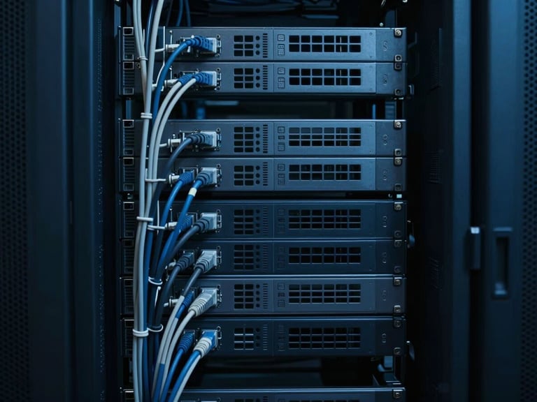 Close-up of server racks with clean cabling, cool low-key studio lighting, deep blue and slate tones, sharp focus, 35mm lens