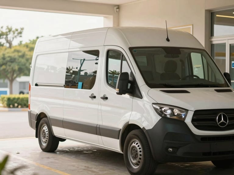 A modern, accessible van parked outside a healthcare facility entrance, ready for transport, soft natural light, professional.