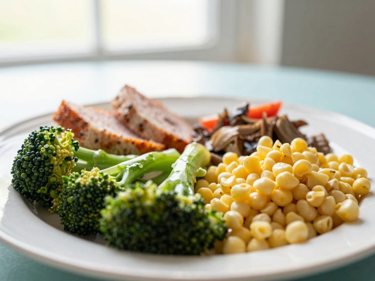 Close-up of a healthy, colorful meal served on a plate, with fresh ingredients, in a bright dining area, soft natural light, authentic.