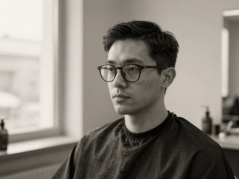 Chic black and white portrait of a male hair colorist with glasses, focused expression, minimalist workshop background, soft window light, editorial style