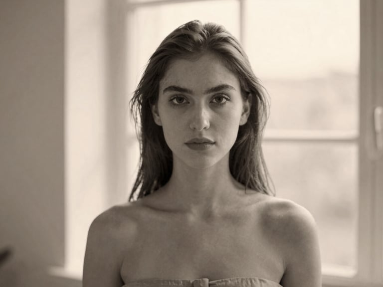 Minimalist black and white portrait of a young female stylist, warm natural lighting, soft background, editorial 35mm photography