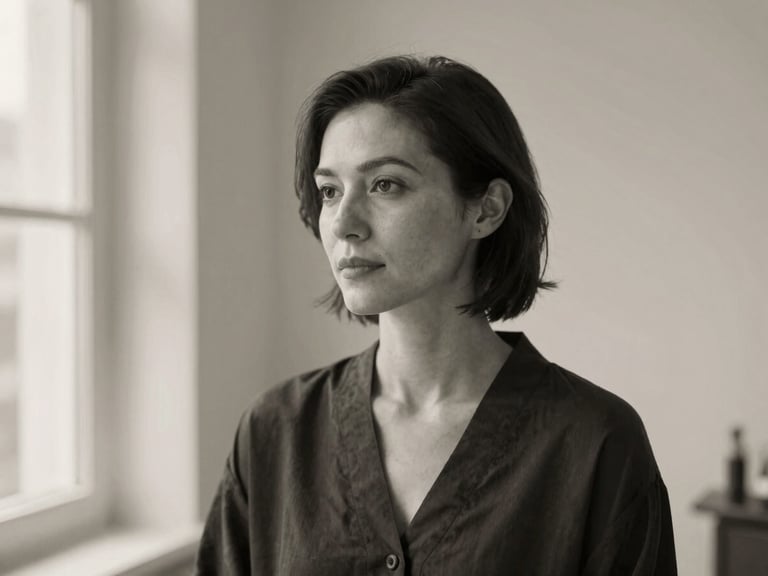 Elegant black and white portrait of a female hair stylist in her late 30s, minimalist dark clothing, neutral expression, soft natural side light, editorial 35mm photography