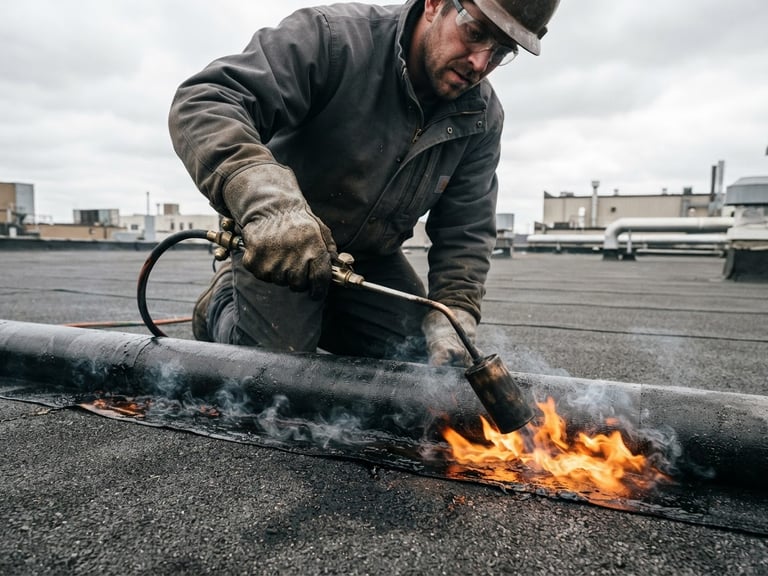 Close-up of a professional worker torching a bitumen roll on a flat roof, safety orange flames, dark charcoal background, industrial precision, overcast daylight, highly detailed