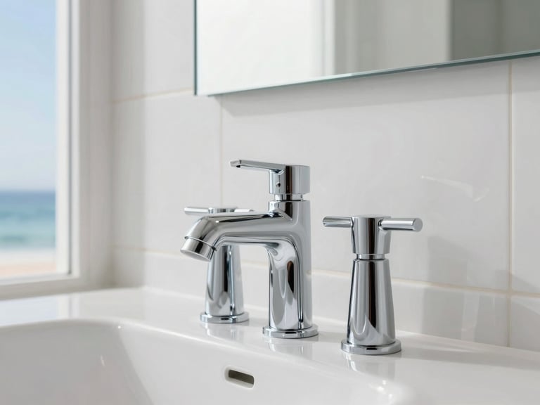 High-end plumbing fixtures in a luxury bathroom, pristine and polished, with soft architectural lighting, sharp focus, 35mm