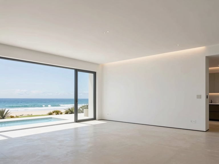Wide shot of a clean, modern luxury home interior featuring integrated lighting and subtle plumbing elements, bright coastal daylight, 35mm