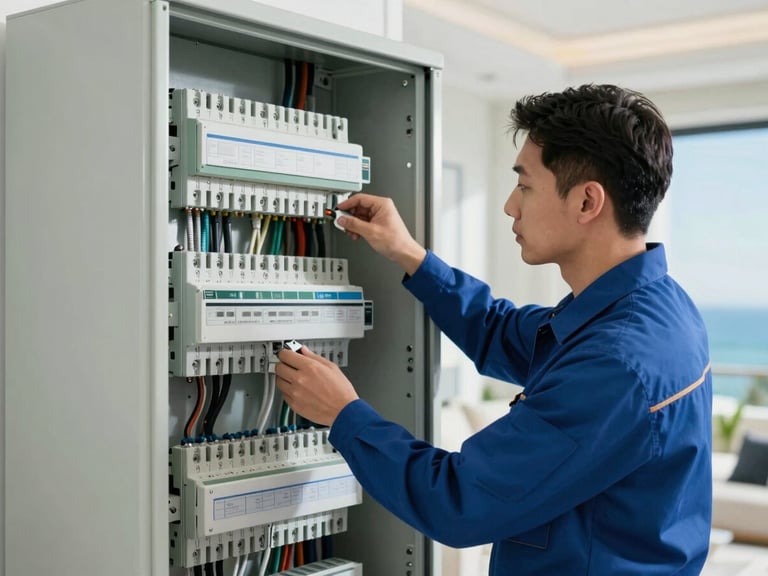 Technician in clean uniform meticulously inspecting a high-end electrical panel in a luxury home, bright natural light, sharp focus, 35mm