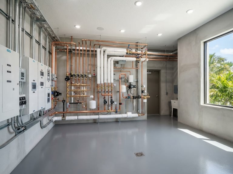 Wide architectural shot of a pristine, modern estate mechanical room in Naples, featuring neatly organized copper piping and immaculate electrical panels under bright, natural coastal daylight, sharp focus, 35mm