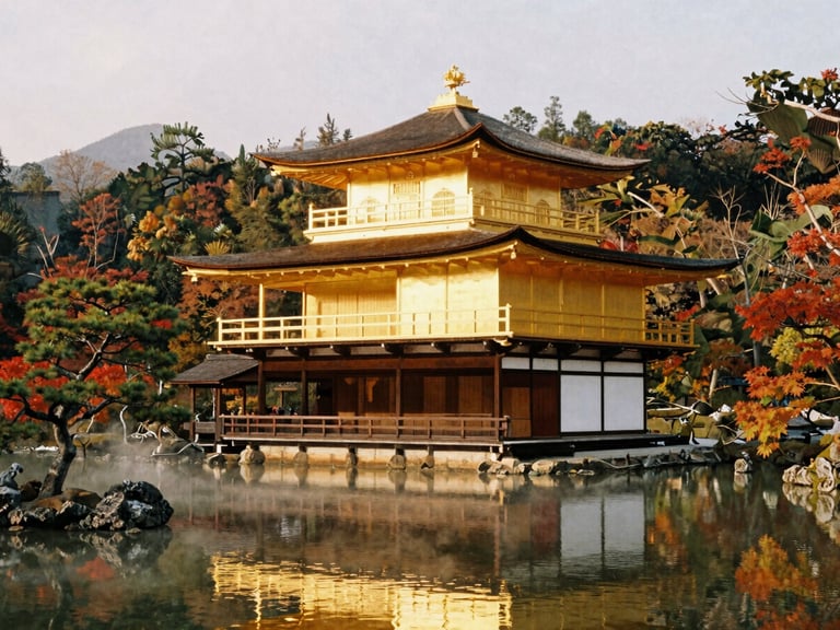 Stunning golden pavilion temple in Kyoto surrounded by autumn maples, soft mist, warm reflective pond, 35mm film.
