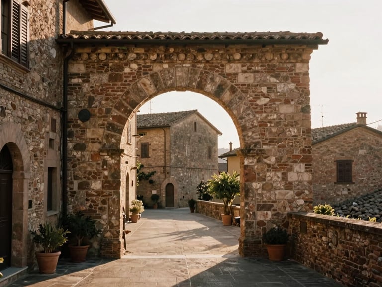Intricate historic stone archway in a quiet Italian village, soft morning sun casting long shadows, warm earth tones, 35mm film.
