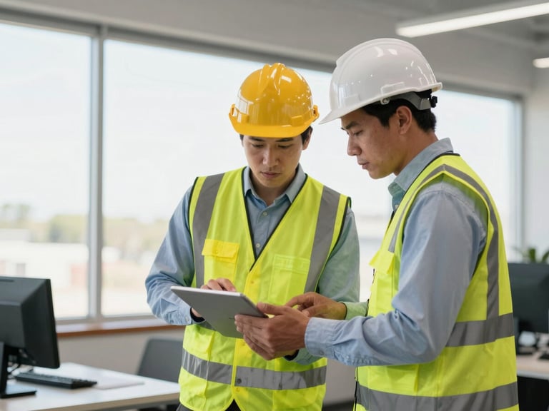 Professional office interior, two safety consultants collaborating on a digital tablet, focused on safety protocols, natural light.