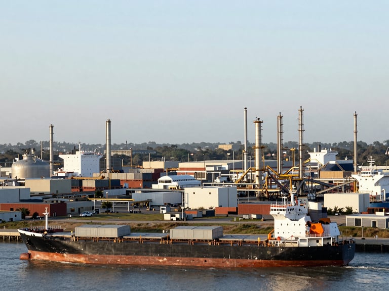Wide panoramic view of the Houston Ship Channel industrial complex at dawn, with cargo ships and refineries, natural Texas daylight.
