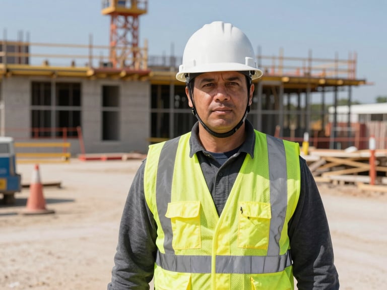 Safety officer in high-visibility vest and hardhat, looking confident and capable on a construction site, medium shot, natural Texas daylight.