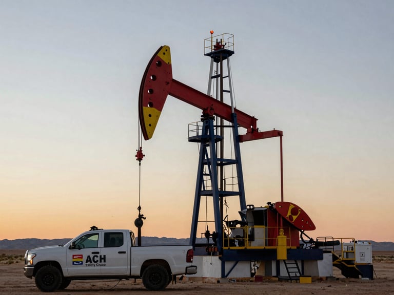 Oil rig derricks silhouetted against a vast West Texas desert sky at sunset, with a branded ACH Safety Group vehicle in the foreground.