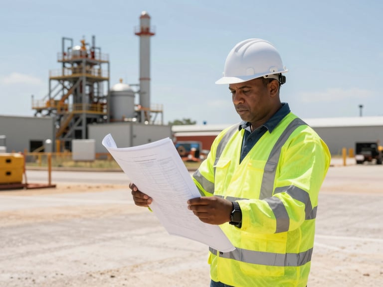 Safety officer in high-visibility gear reviewing blueprints on a Texas industrial job site, natural daylight, medium shot.