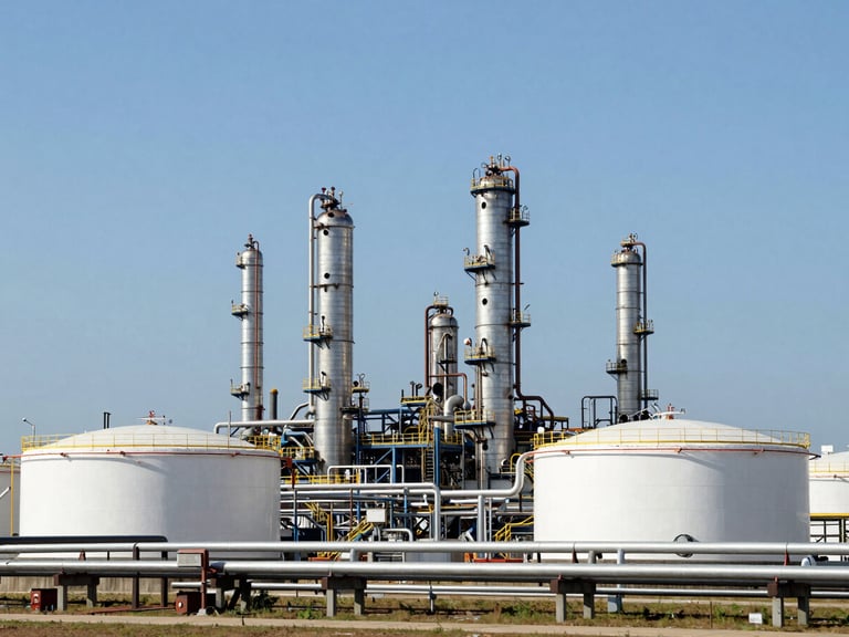 A large petrochemical refinery complex on the Texas Gulf Coast, with pipes and storage tanks, under a bright, clear sky.