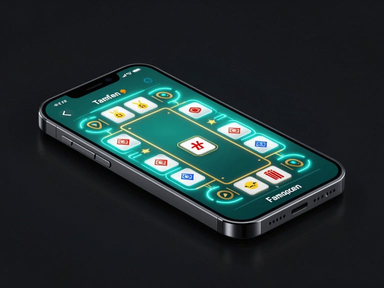 Sleek 3D render of a modern mobile phone displaying a digital table game interface (e.g., blackjack), neon cyan and gold glow, high-contrast, isometric view, dark background.