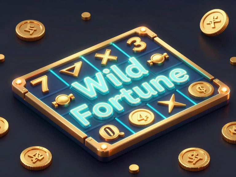 Sleek 3D render of a vibrant slot game interface with 'Wild Fortune' theme, featuring gold coins and neon symbols, high-contrast, dark background.