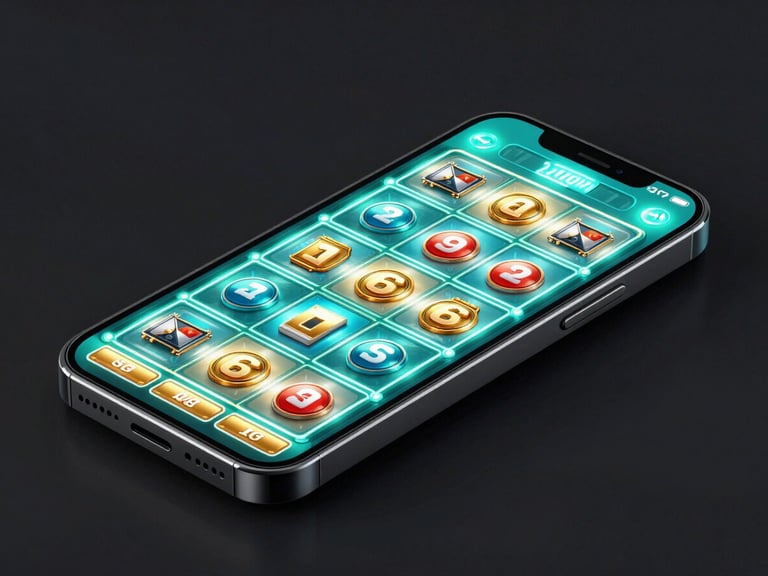 Sleek 3D render of a modern mobile phone displaying a vibrant slot game interface, neon cyan and gold glow, high-contrast, isometric view, dark background.