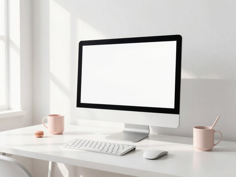 Bright minimalist workspace with soft pastel desk accessories, clean modern computer monitor, diffused natural morning light, high-key photography, 35mm