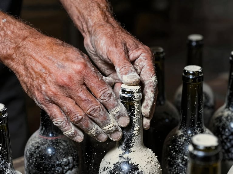 Close-up of weathered hands of a winemaker gently brushing loose white clay from a freshly harvested bottle in a dark, historic chalk cellar, high-contrast side lighting.