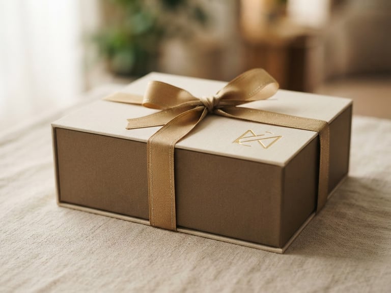Elegant corporate gift box with custom branding, gold accents, and a hand-tied ribbon, soft diffused side-lighting, against a warm cream minimalist backdrop, shallow depth of field, 35mm.