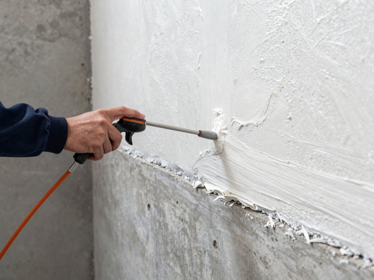 Detail shot of a technician spraying high-performance polyurethane insulation onto a concrete basement foundation wall, clean work environment, high-visibility lighting